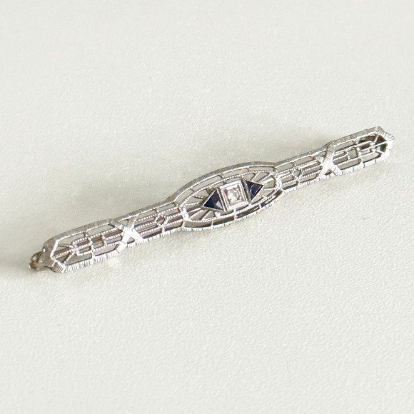 Antique 14K Solid White Gold Sapphire & Diamond Intricate Detail Bar Brooch Pin - Picture 4 of 12